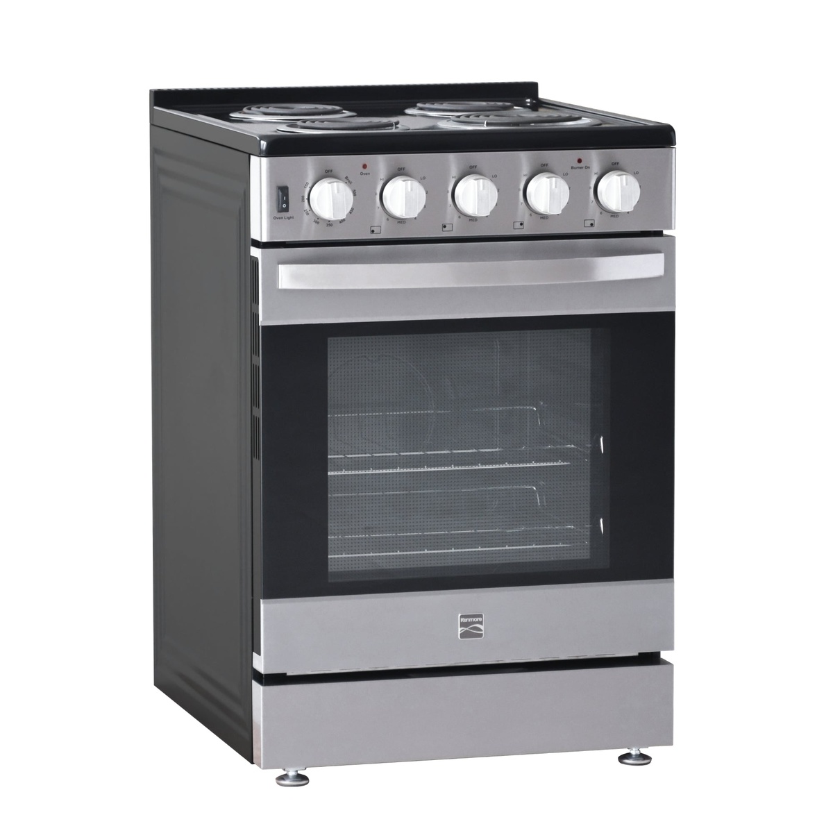 Front view of Kenmore 24-inch electric coil range with five control knobs and oven window
