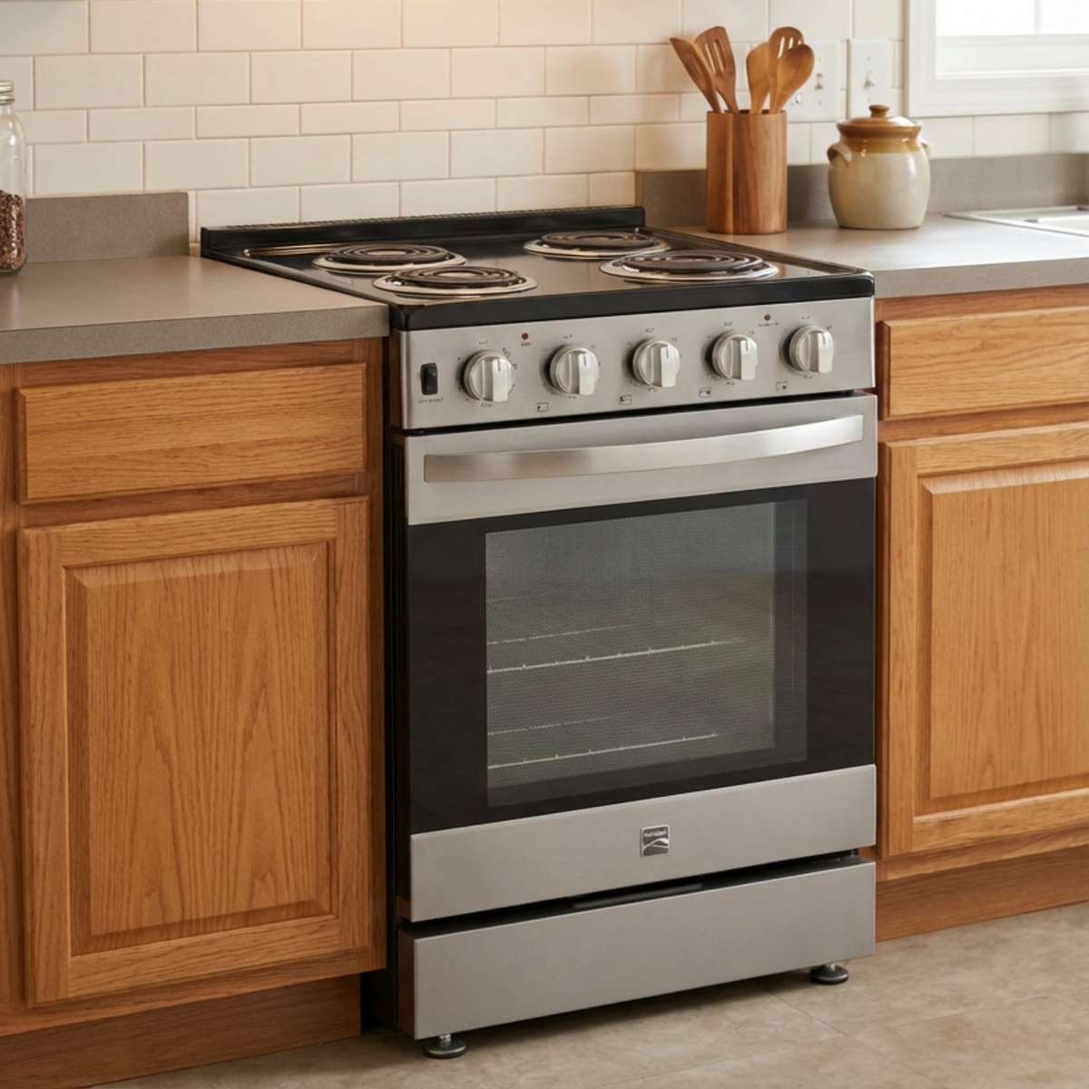 Kenmore 24-inch electric coil range installed between kitchen cabinets