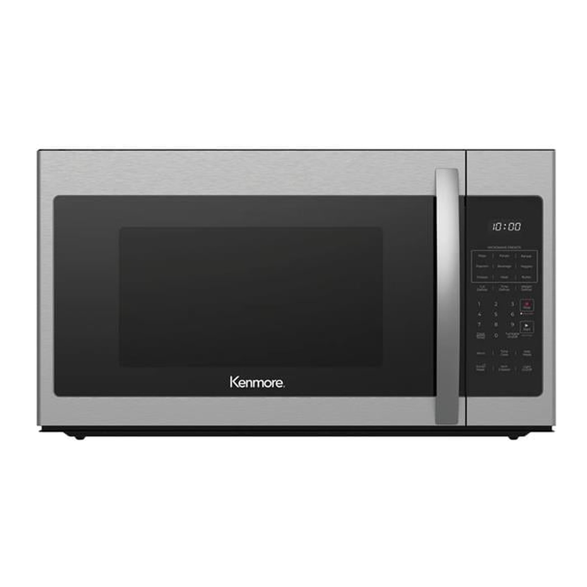 Front view of a Kenmore stainless steel microwave with right-side control panel, digital display, and vertical handle