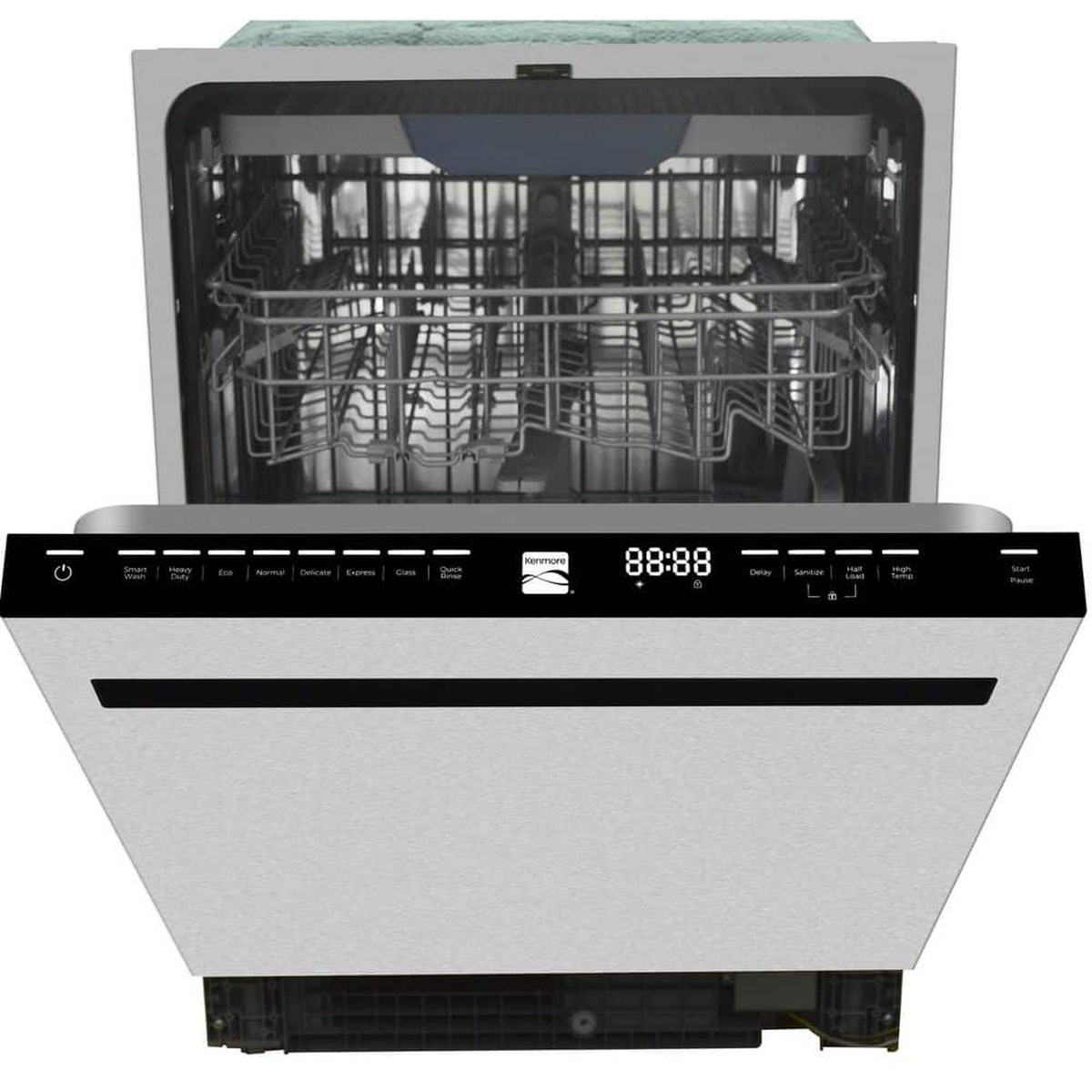 Kenmore built-in dishwasher shown with the door open, showing the top control panel and interior racks