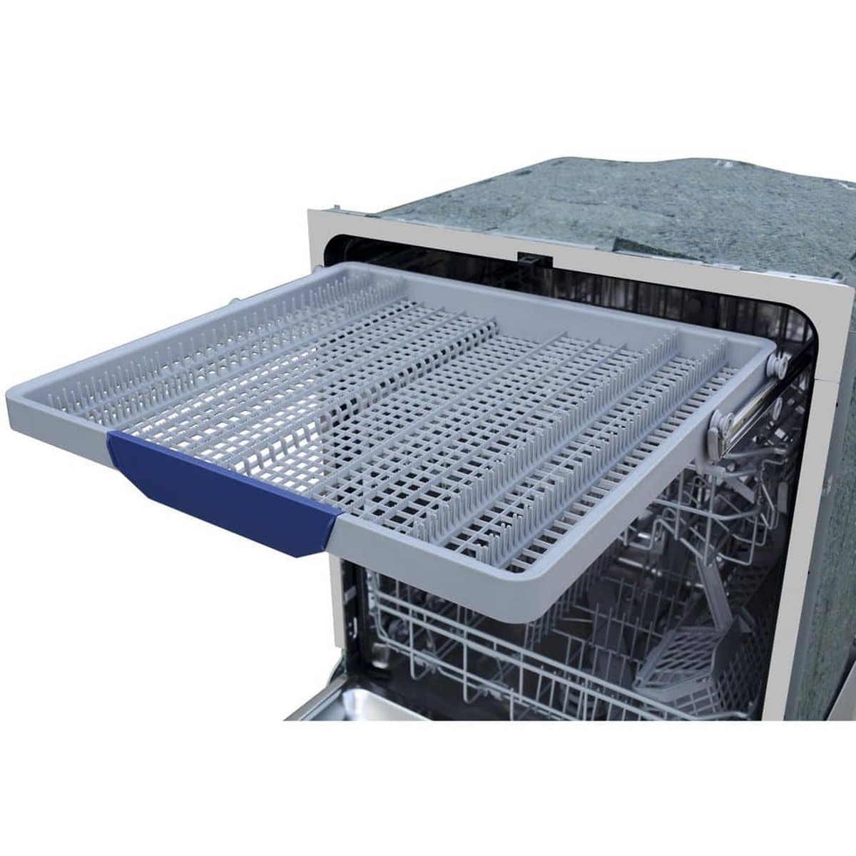 Close-up of the dishwasher’s removable top utensil rack pulled out