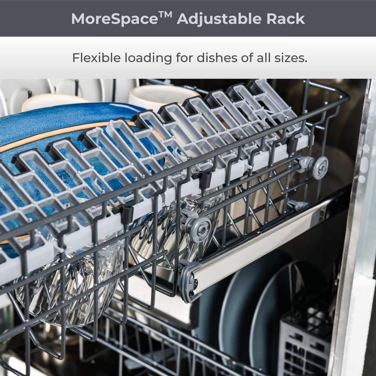 Close-up of the dishwasher interior showing the adjustable upper rack with dishes loaded