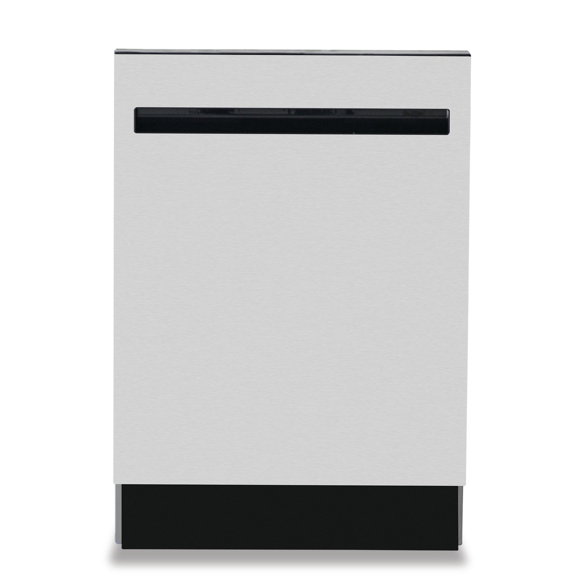 Front view of Kenmore stainless steel built-in dishwasher door with integrated pocket handle