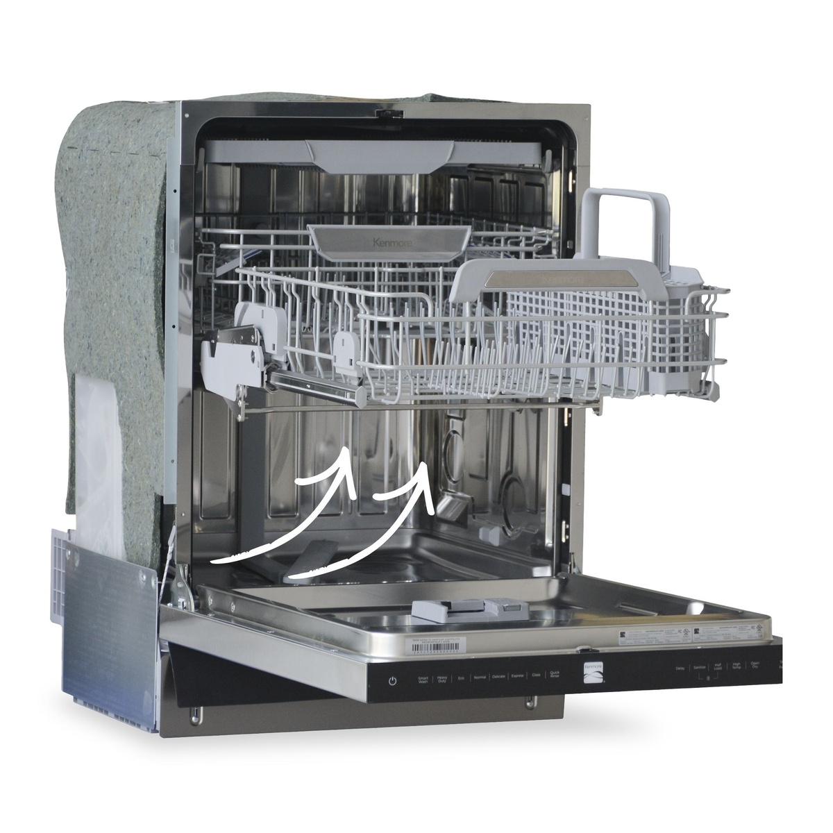 Open Kenmore dishwasher showing the upper rack lifted with EASYREACH lift arrows and front control panel visible