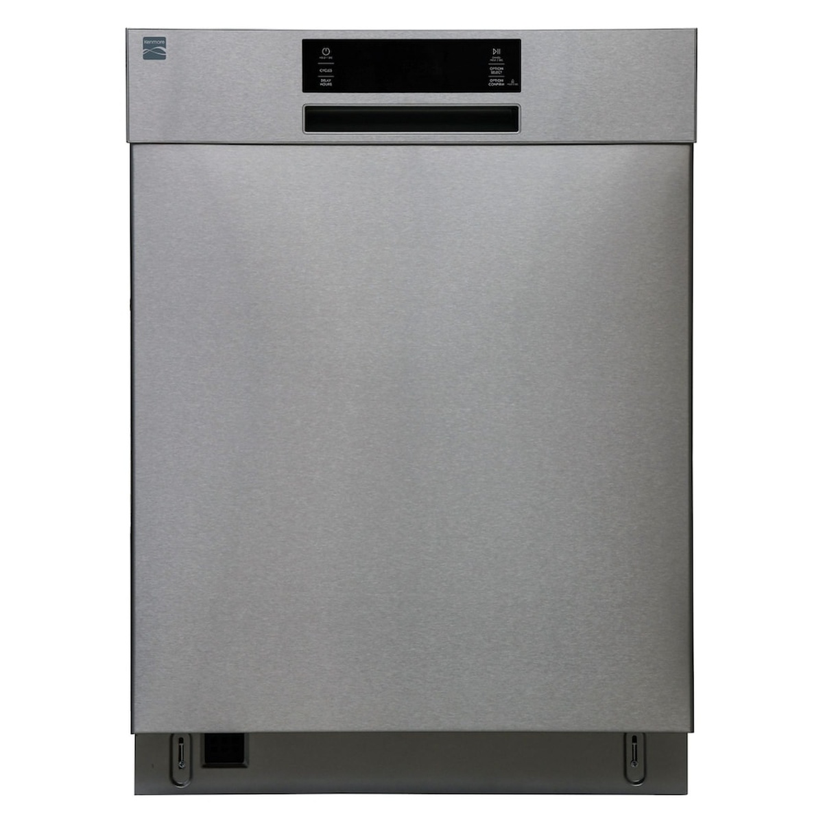 Front view of a stainless steel Kenmore built-in dishwasher with a top control panel and recessed handle