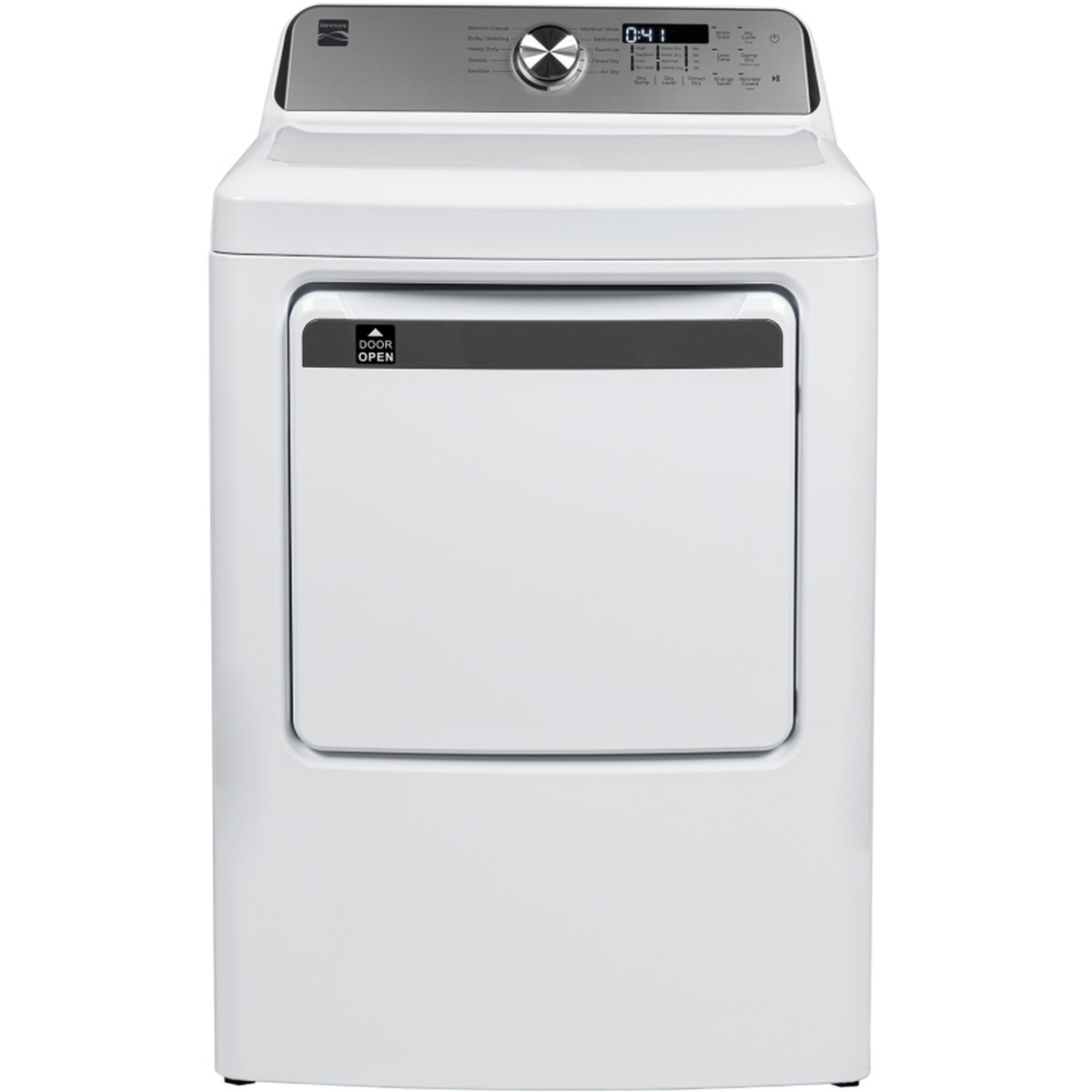 Front view of a white Kenmore electric dryer with solid door and top control console