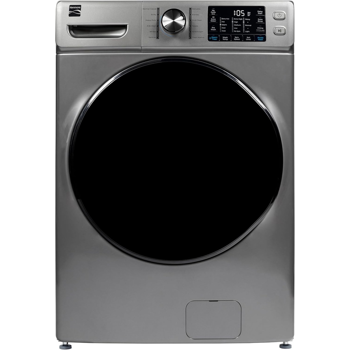 Front view of Kenmore metallic silver front load washer showing the knob and touch control panel