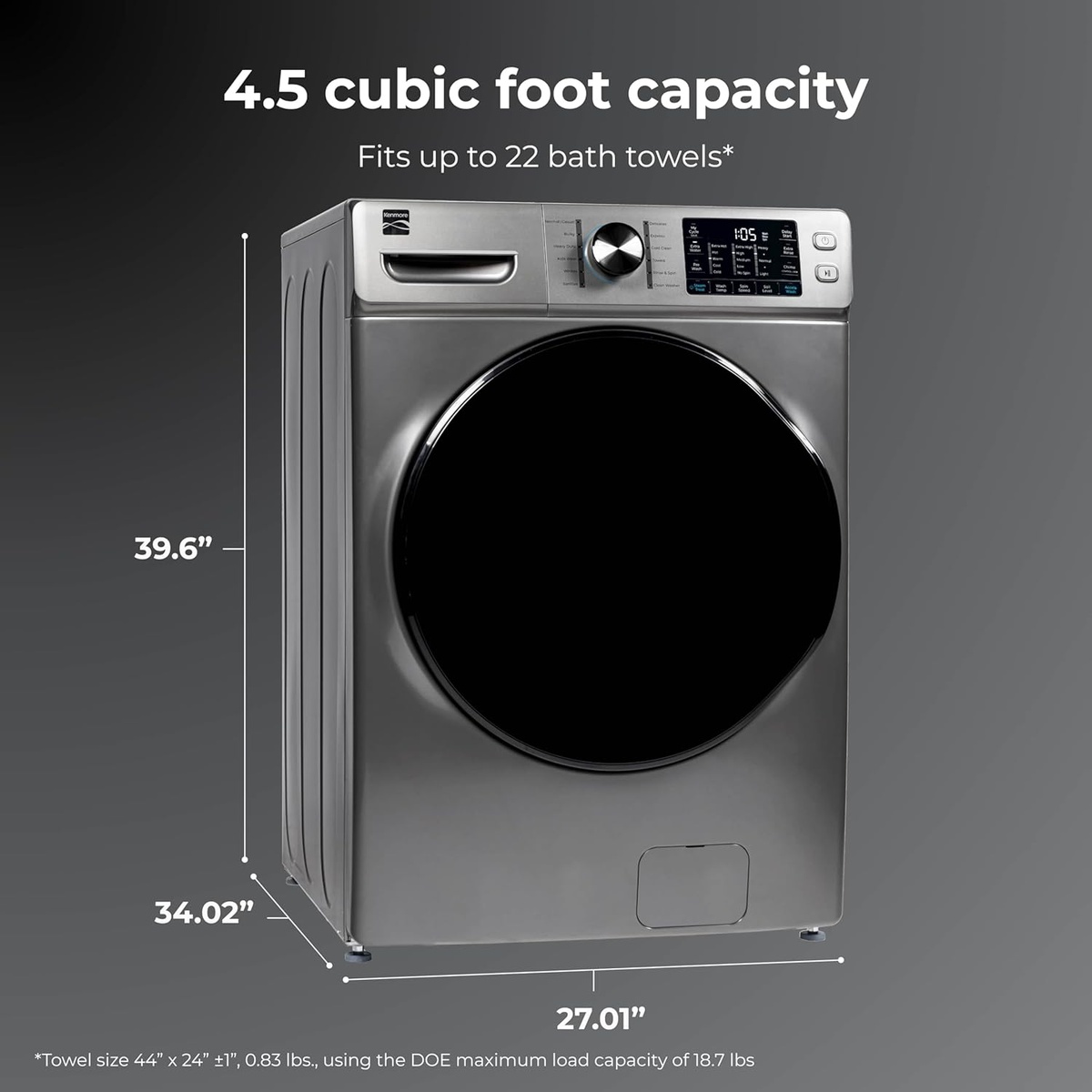 Kenmore metallic silver front load washer with 4.5 cubic foot capacity callout and listed dimensions