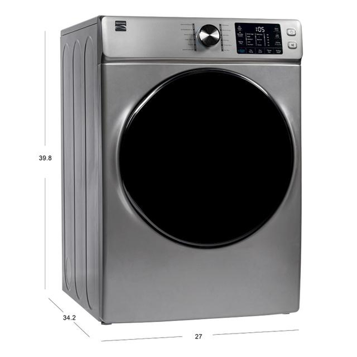 Angled view of the Kenmore 82283 metallic silver front-load dryer with labeled dimensions (approx. 39.8 in H, 27 in W, 34.2 in D)