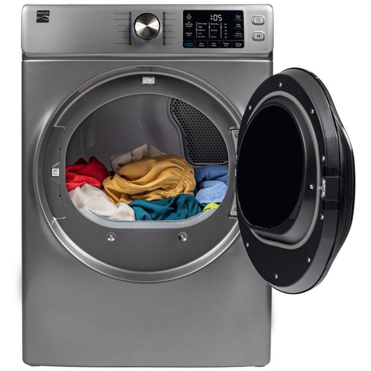 Kenmore metallic silver front-load dryer with the door open, showing the drum opening with laundry inside