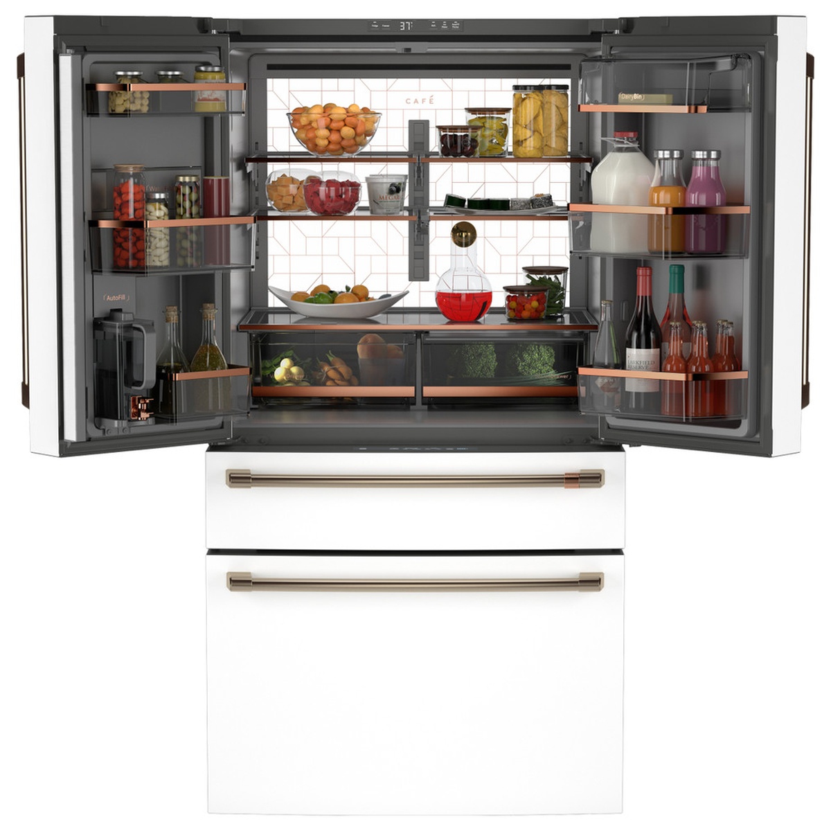 Café CJE23DP4WW2 refrigerator fully open with interior stocked with fresh food, produce, beverages, and wine bottles, showing brushed bronze accents and organized door bins and shelves