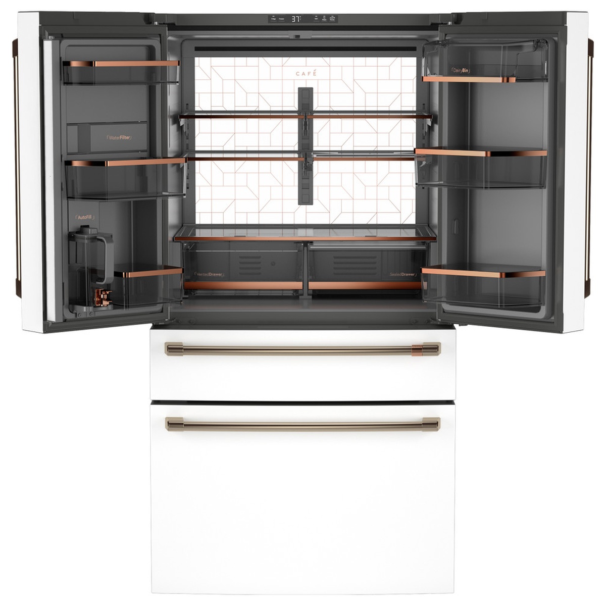Café CJE23DP4WW2 4-door French-door refrigerator open with empty interior showing labeled storage zones including AutoFill pitcher dock, water filter, veggie drawer, sealed drawer, and dairy bin