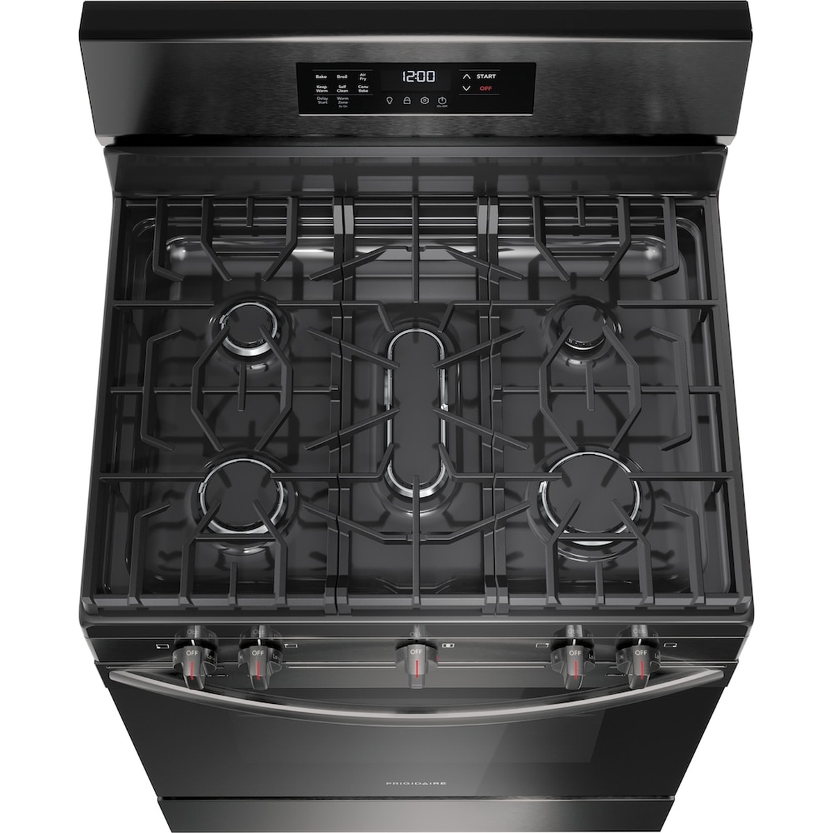Top view of the range showing five gas burners with continuous grates and front control knobs