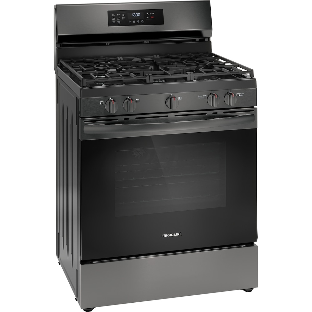 Angled view of the black stainless steel freestanding gas range with front controls and oven door window