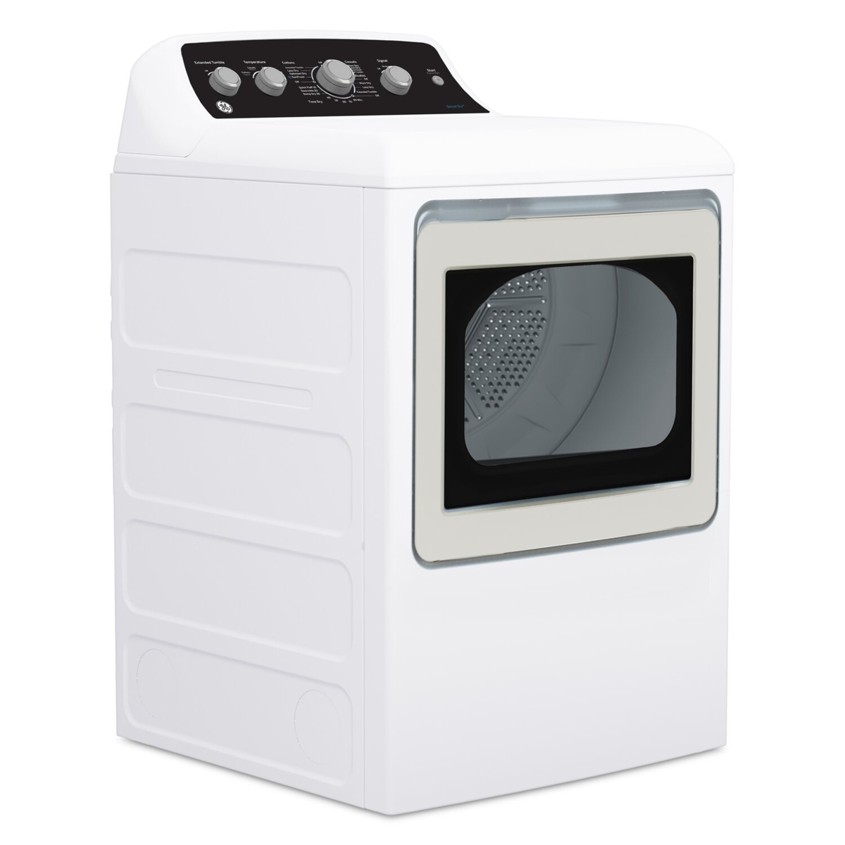 Angled view of a white GE electric dryer with a windowed front door and top control panel
