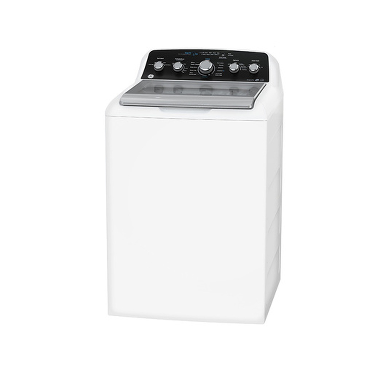 Angled view of the white GE top-load washer showing the tinted glass lid and rear control panel