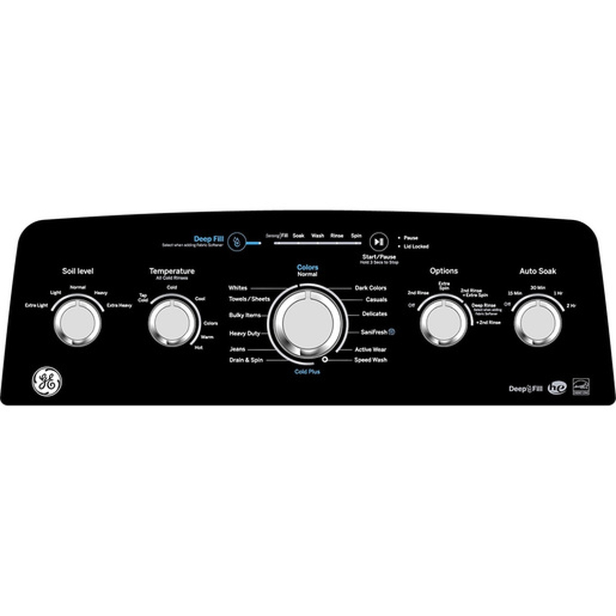 Close-up of the GTW491BMRWS washer control panel with cycle selector knob and option buttons