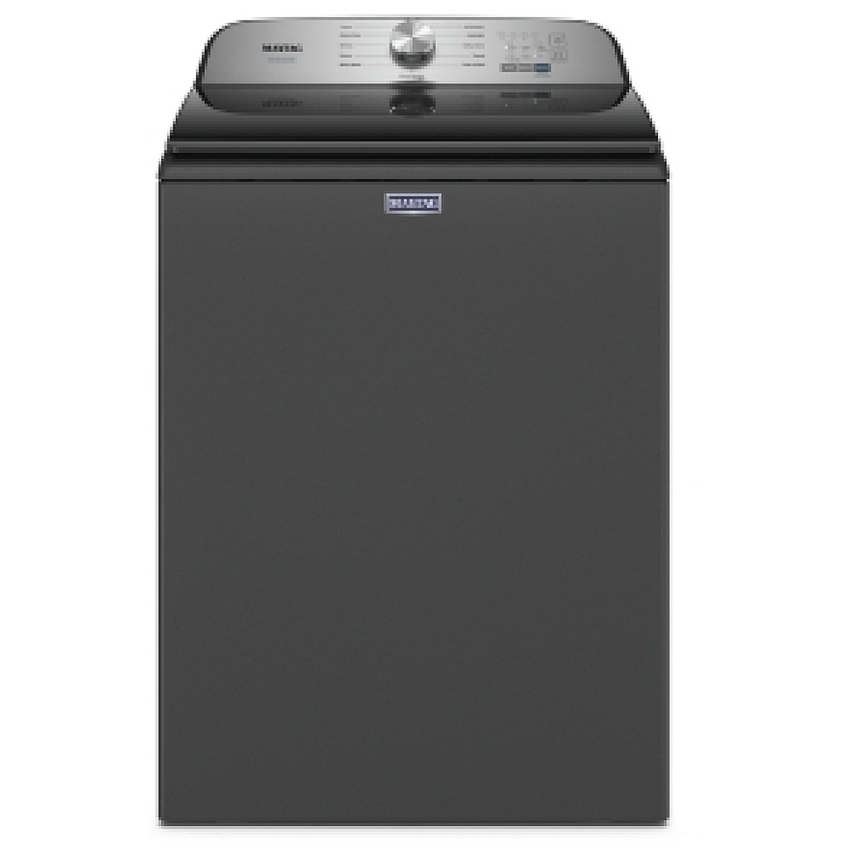 Front view of Maytag top-load washer in black with a rear control console and glass lid