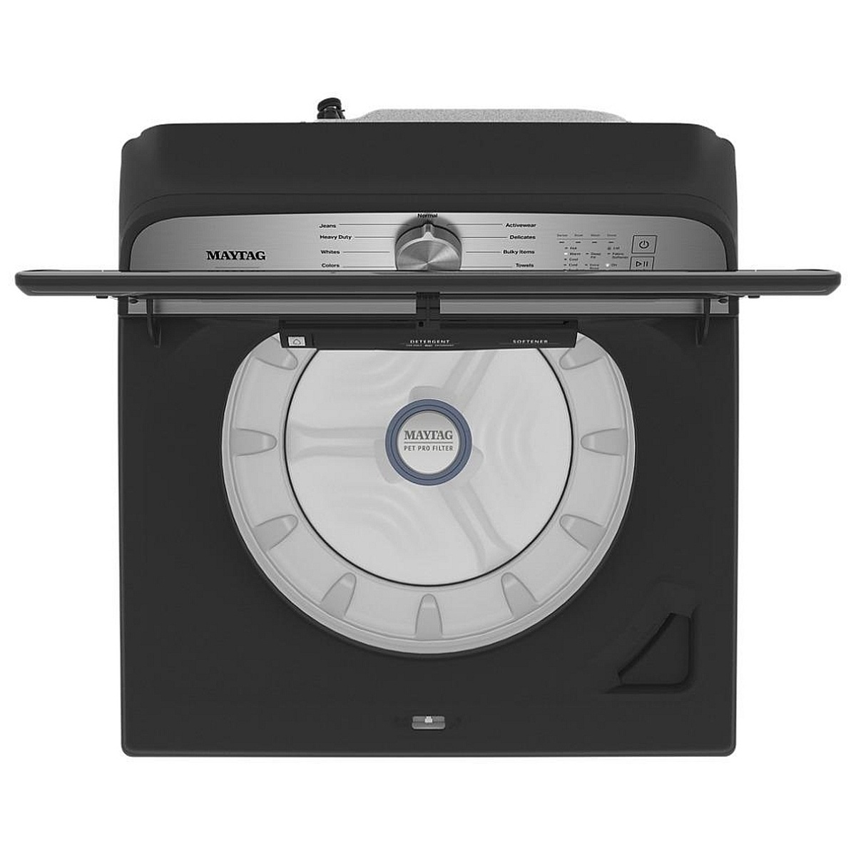 Washer shown with lid open, revealing the wash basket and Pet Pro Filter area under the lid