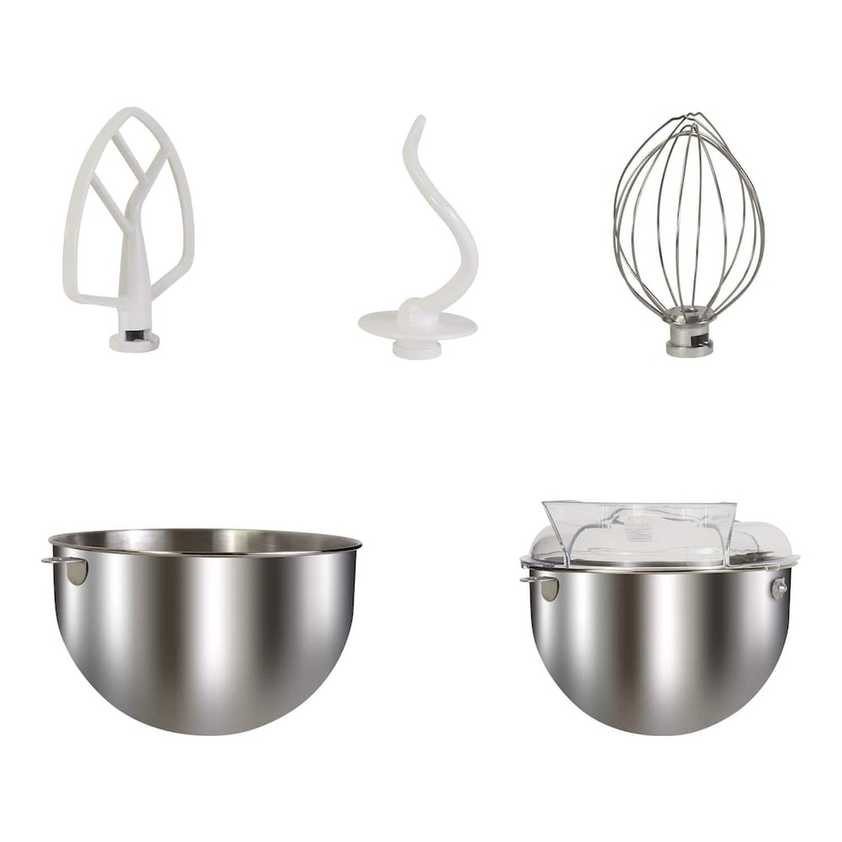 Stand mixer accessories including flat beater, dough hook, wire whisk, and two stainless steel mixing bowls, one with a clear splash guard