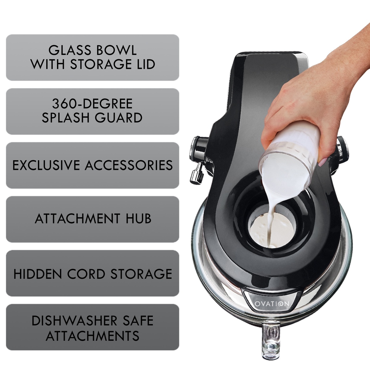 Top view of the Kenmore Elite Ovation stand mixer showing ingredients being poured into the built-in top opening