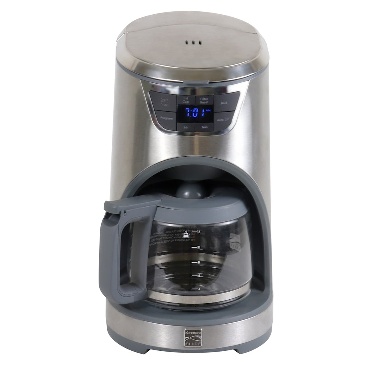Front view of Kenmore Elite stainless steel programmable coffee maker with glass carafe and warming plate