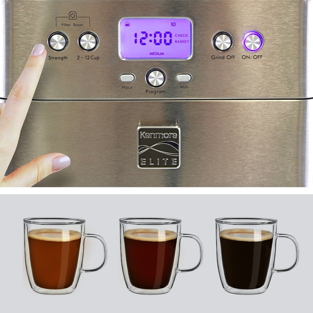 Close-up of the Kenmore Elite coffee maker control panel showing digital display, strength selection, 2 to 12 cup option, and grind on or off buttons