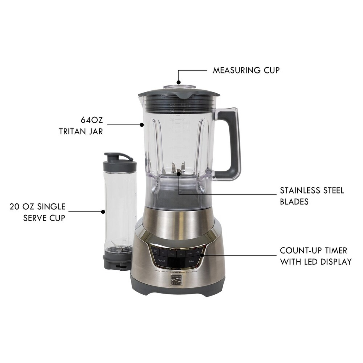 Kenmore Elite blender with labeled parts including 64 oz Tritan jar, 20 oz single-serve cup, stainless steel blades, measuring cup lid, and count-up timer with LED display.