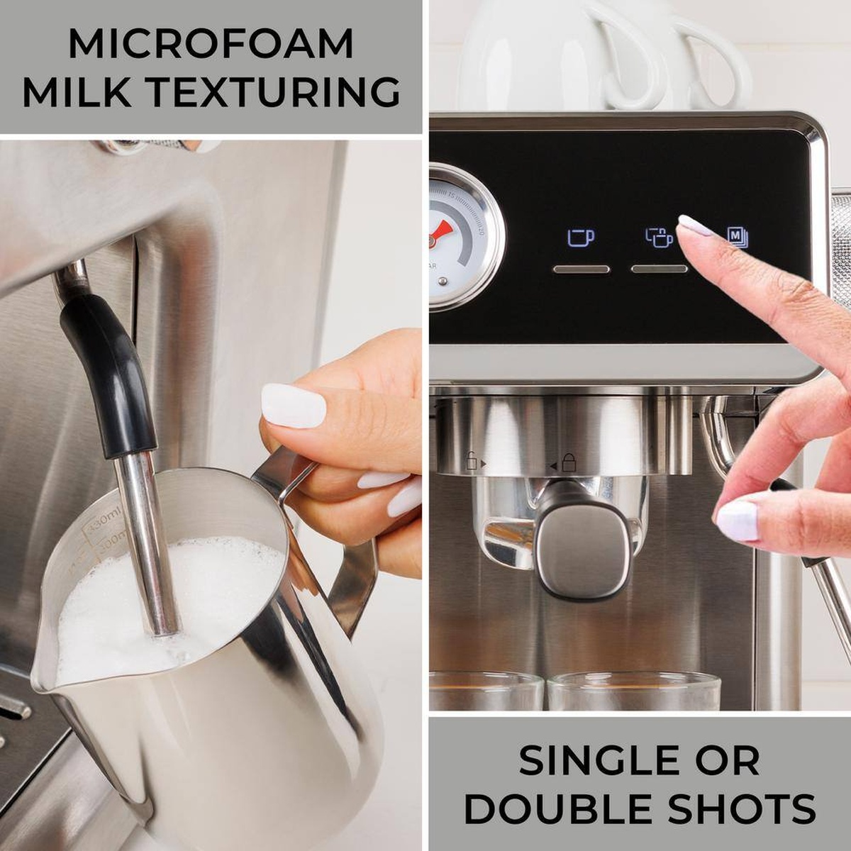 Close-up of the steam wand frothing milk in a stainless pitcher and touch controls for single or double espresso shots