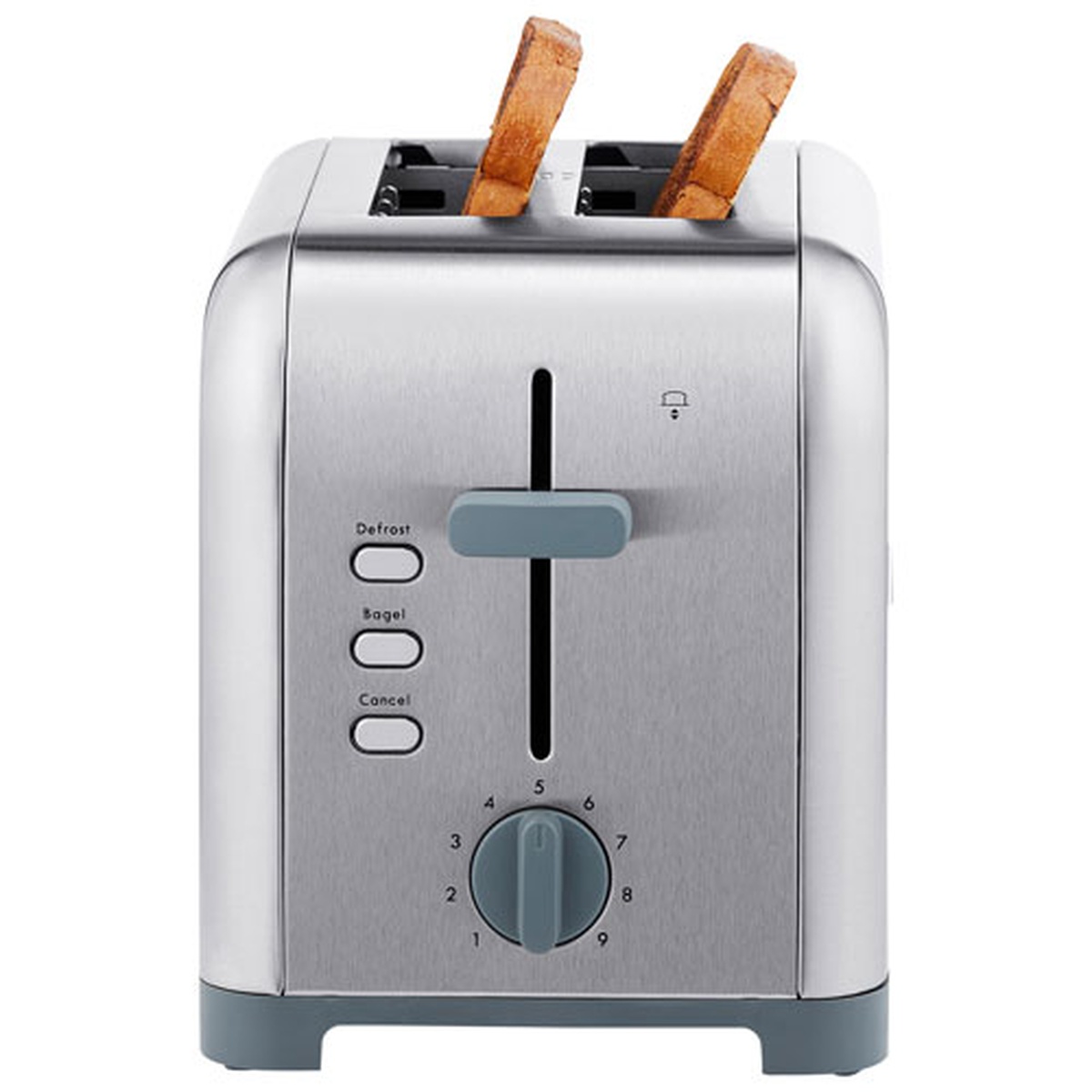 Front view of Kenmore 2-slice stainless steel toaster showing extra-wide slots, toast lever, Defrost, Bagel, and Cancel buttons, and a numbered shade dial