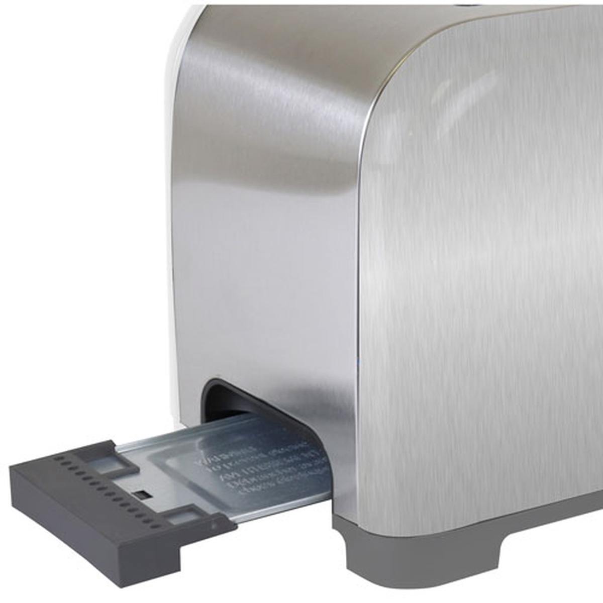 Close-up of Kenmore stainless steel toaster with the removable crumb tray pulled out from the bottom