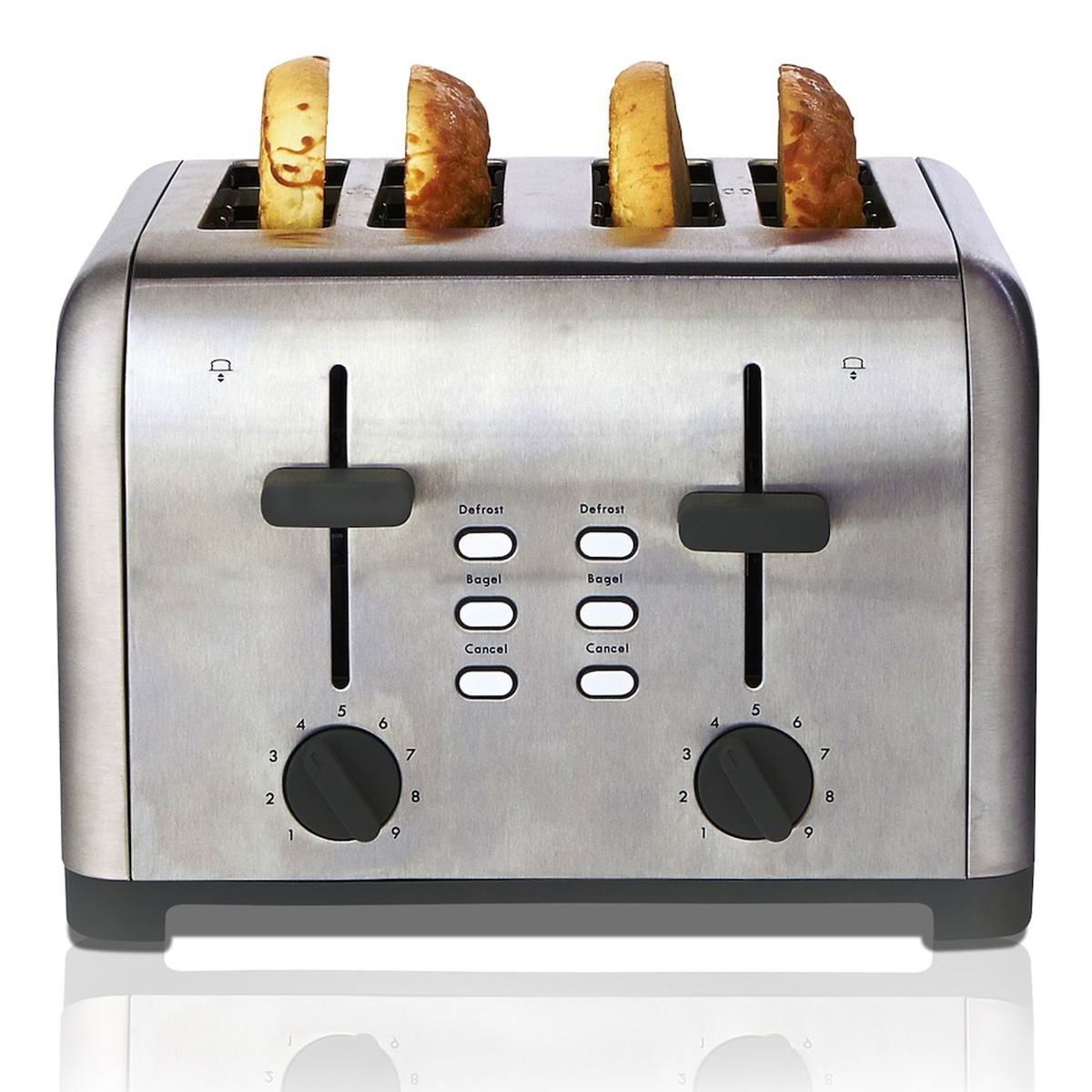 Front view of Kenmore stainless steel 4-slice toaster showing dual levers, bagel and defrost buttons, cancel buttons, and two shade dials