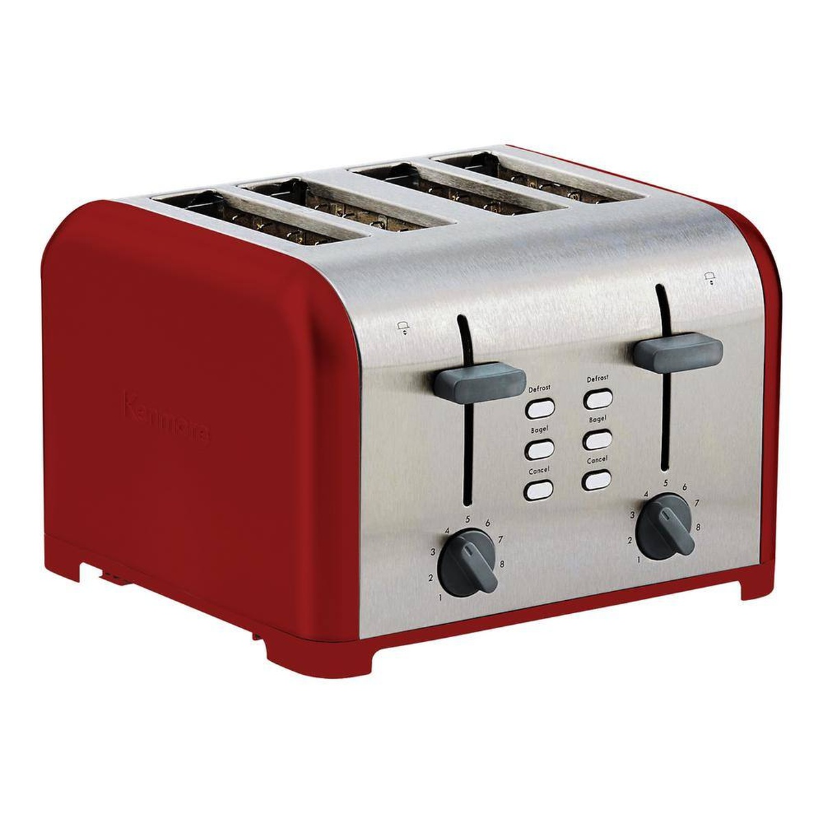 Kenmore red and stainless steel 4-slice toaster with dual levers, two browning dials, and defrost, bagel, and cancel buttons