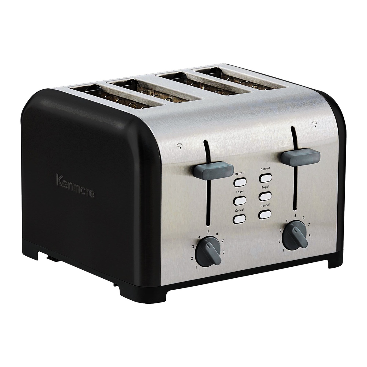 Kenmore 4-slice black stainless steel toaster with two levers, two browning dials, and defrost, bagel, and cancel buttons