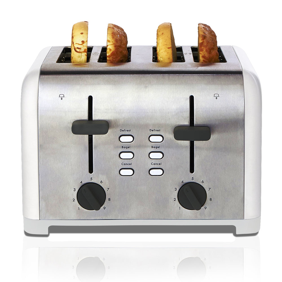 Front view of Kenmore 4-slice toaster showing dual levers, two browning dials, and bagel, defrost, and cancel buttons