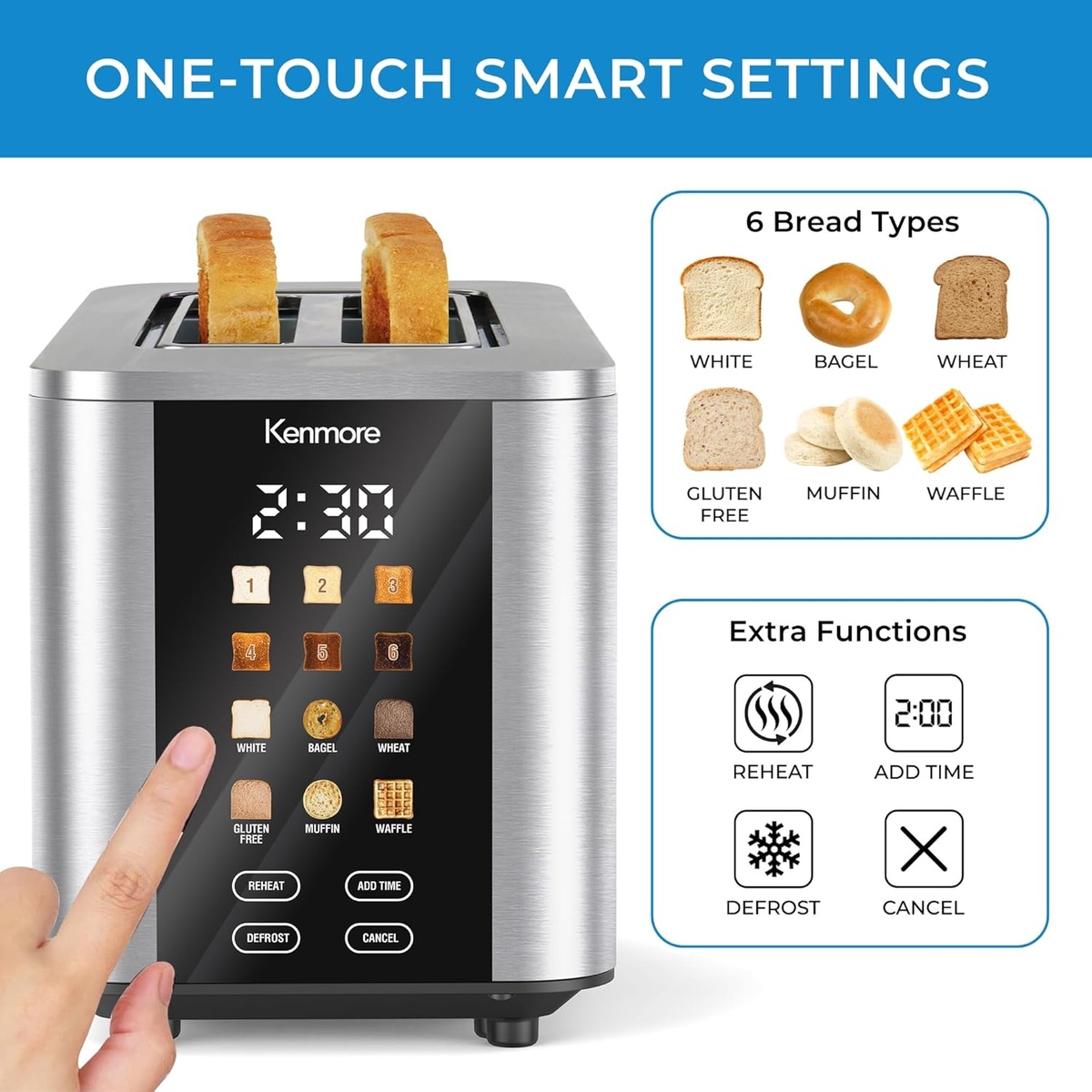 Kenmore 2-slice stainless steel toaster with touchscreen showing bread-type presets and extra function buttons