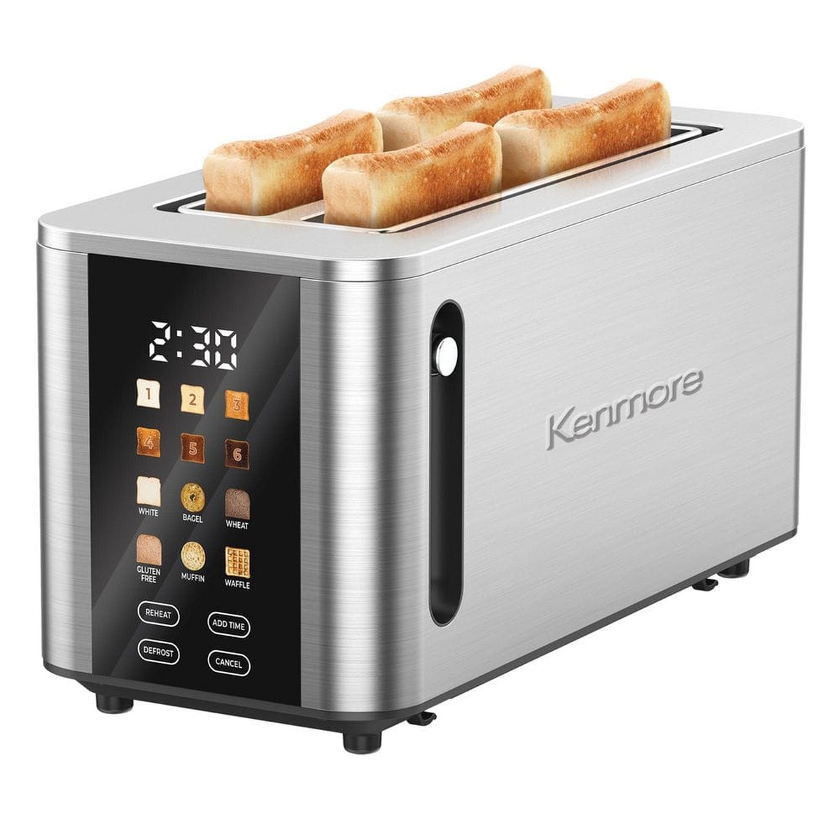 Angled view of Kenmore stainless steel 4-slice long-slot toaster with touchscreen and bread in the slots
