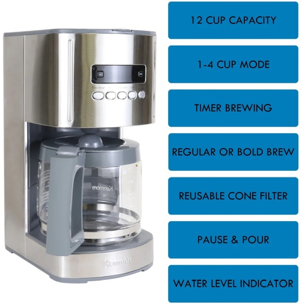 Kenmore stainless steel 12 cup drip coffee maker beside a feature list showing 12 cup capacity, 1 to 4 cup mode, timer brewing, regular or bold brew, reusable cone filter, pause and pour, and water level indicator