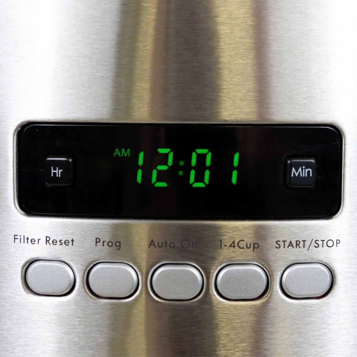 Close-up of the Kenmore coffee maker control panel with green LCD clock and buttons labeled Filter Reset, Prog, Auto On, 1-4 Cup, and Start/Stop