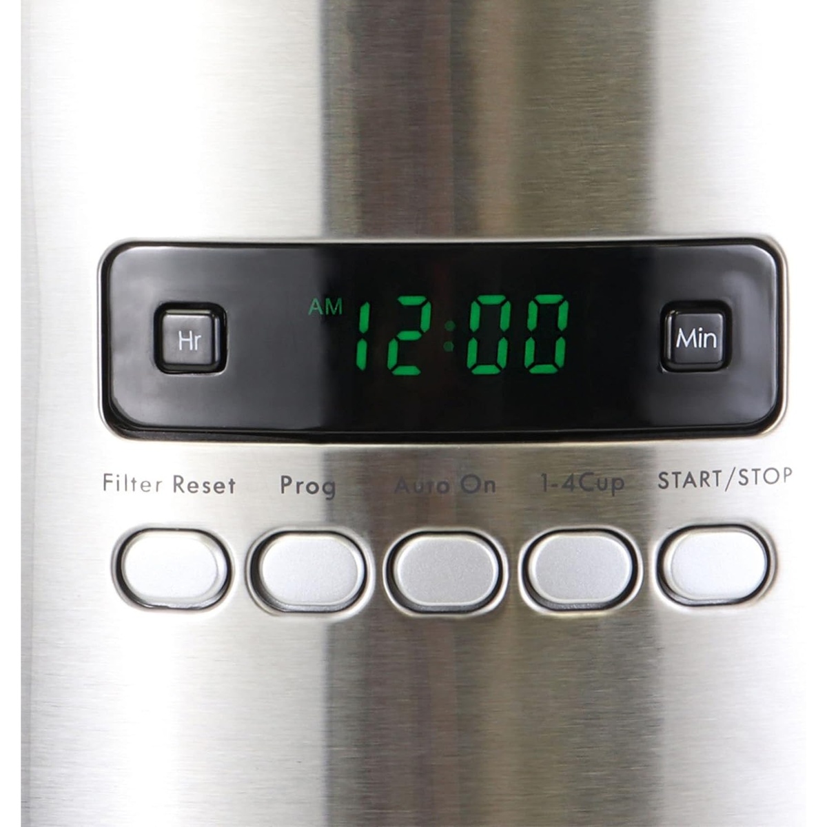 Close-up of the coffee maker digital clock display and control buttons including Filter Reset, Prog, Auto On, 1-4 Cup, and Start/Stop