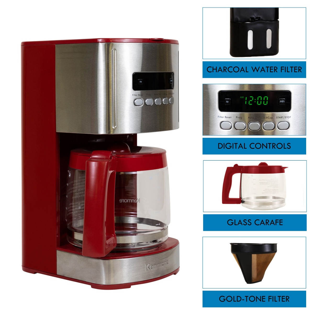 Kenmore red and stainless 12 cup coffee maker with callouts showing charcoal water filter, digital controls, glass carafe, and gold-tone filter