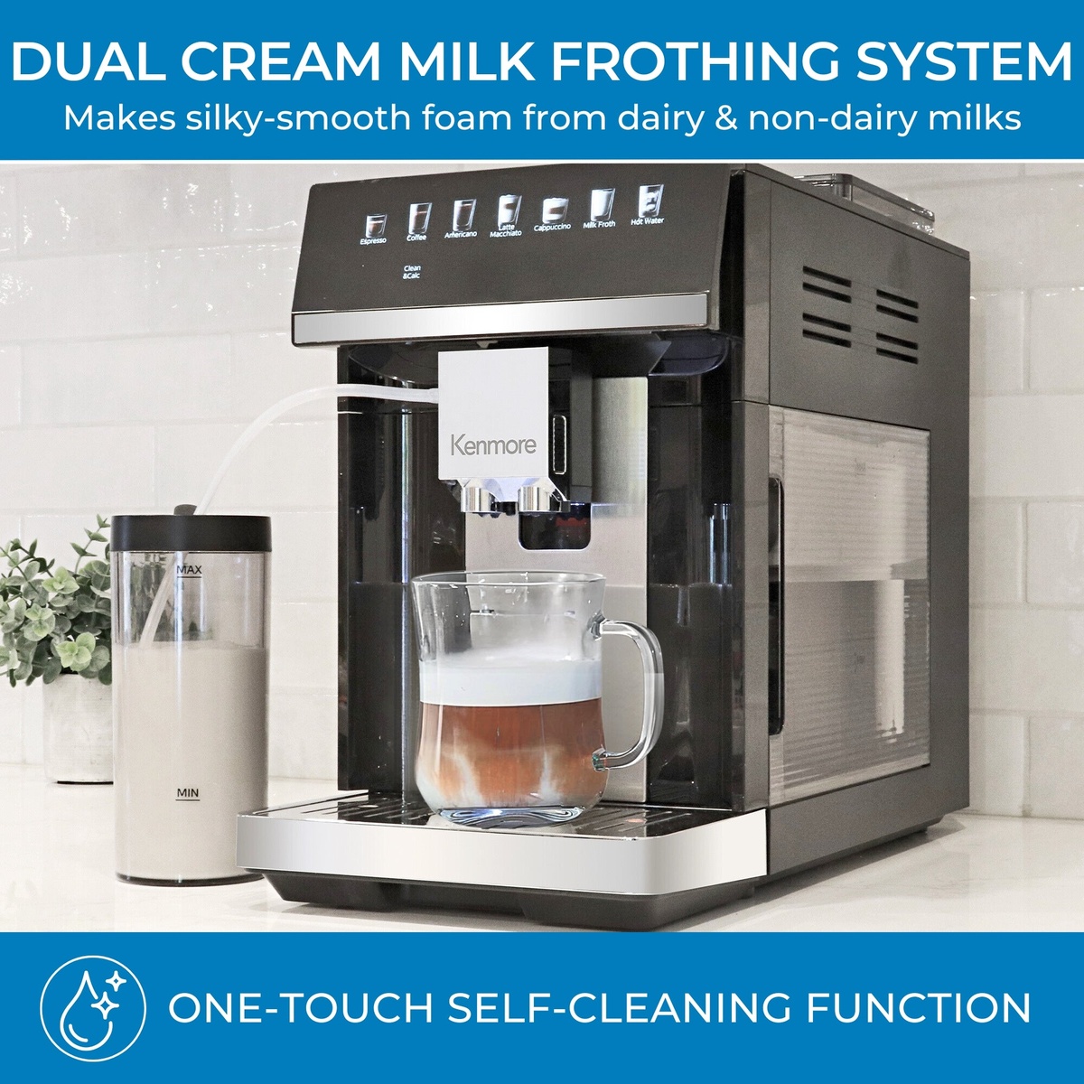 Side view of the Kenmore espresso machine with a milk container attached and a glass mug under the spout, highlighting dual cream milk frothing and self-cleaning