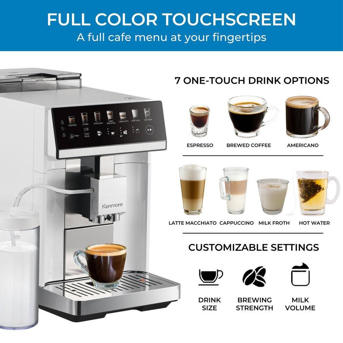 Kenmore super automatic espresso machine shown with a full color touchscreen menu and images of seven one-touch drink options
