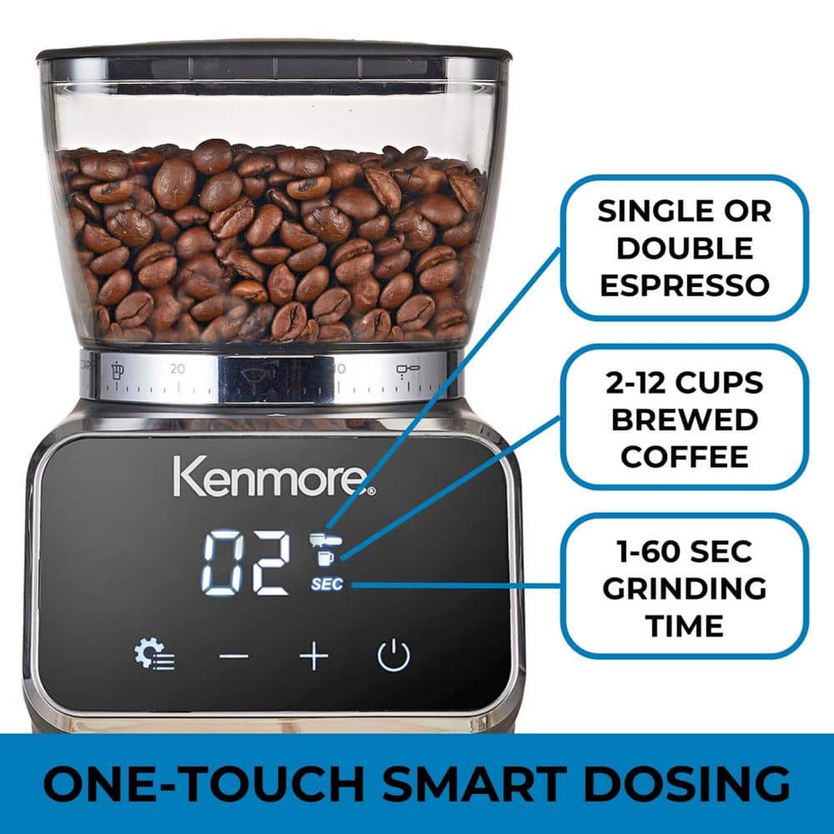 Close-up of the Kenmore grinder display showing one-touch smart dosing options for espresso, 2 to 12 cups, and 1 to 60 seconds.