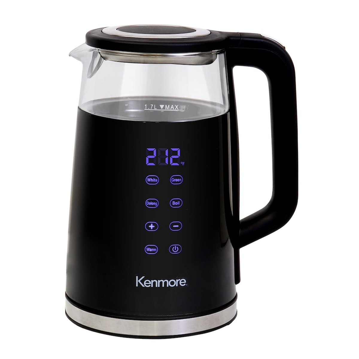 Kenmore black double-walled glass electric kettle with illuminated digital temperature display and touch buttons
