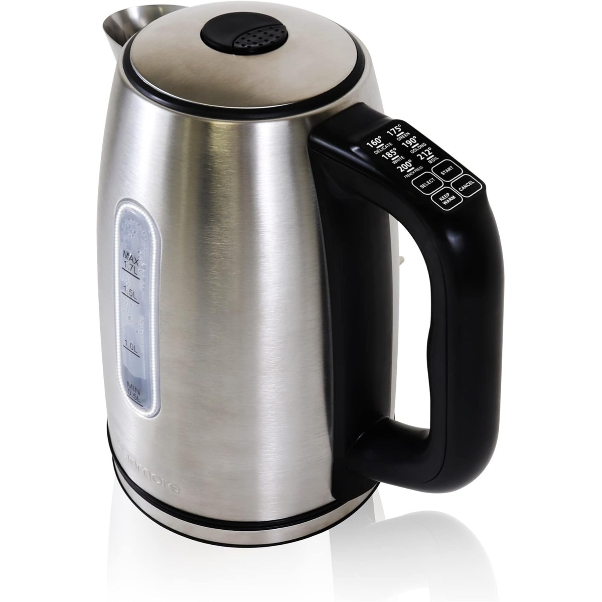 Close-up of a stainless steel Kenmore cordless electric kettle showing the illuminated water-level window and temperature preset buttons on the handle