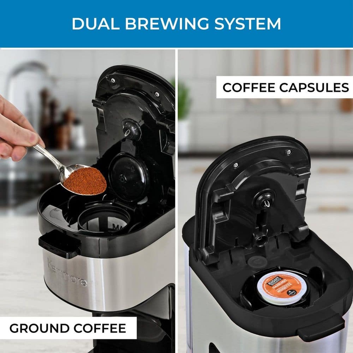 Open top of the Kenmore single-serve coffee maker showing ground coffee on one side and a pod in the other for dual brewing