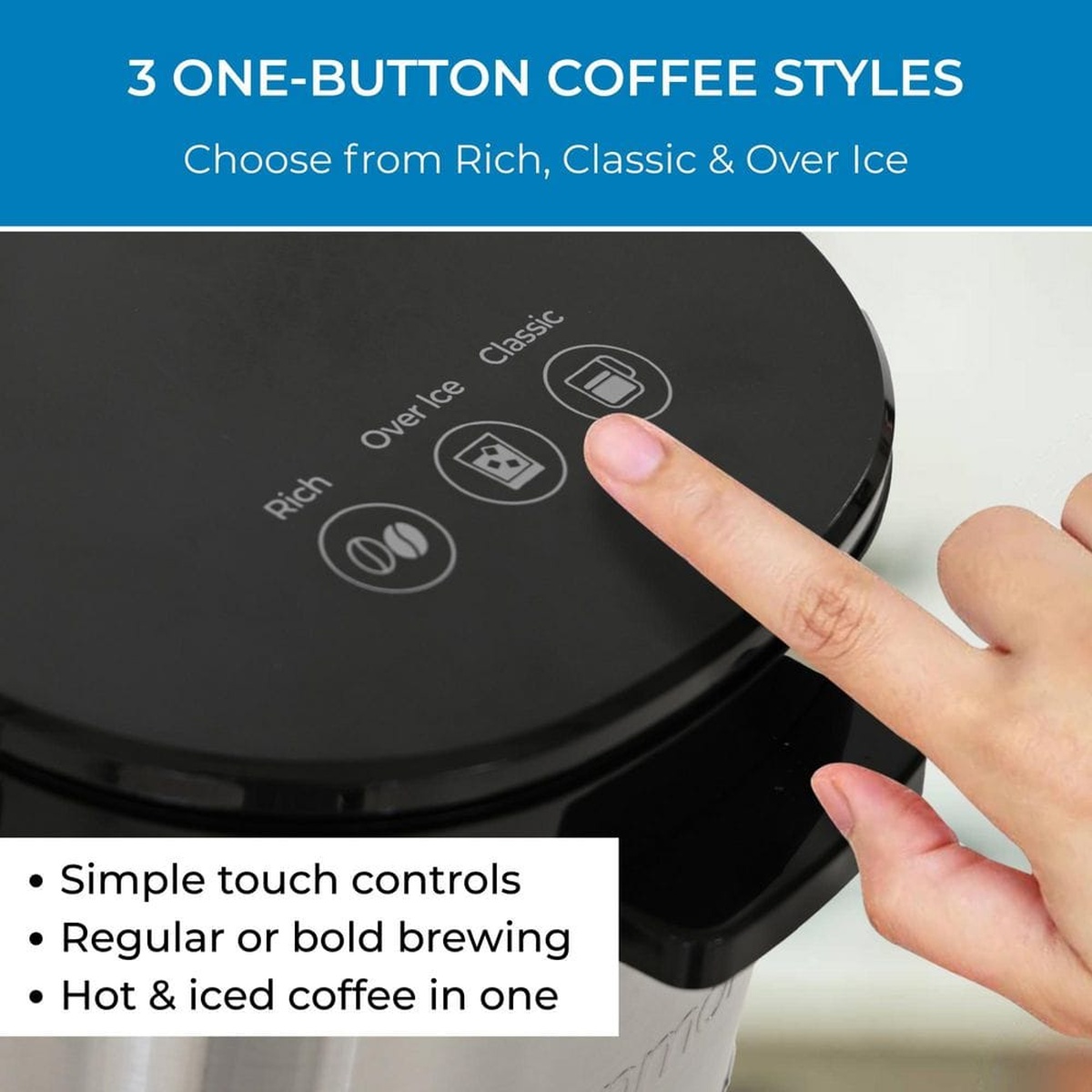 Top touch control panel of the Kenmore coffee maker showing buttons for Rich, Over Ice, and Classic
