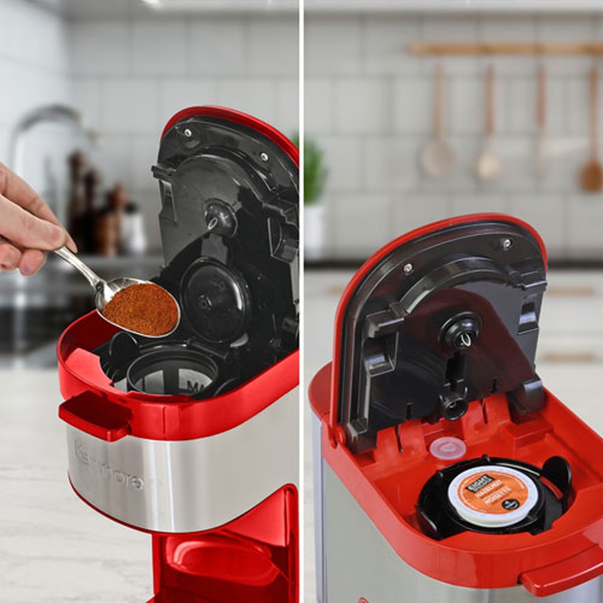 Top of the red Kenmore single-serve coffee maker open, showing ground coffee being added on one side and a K-cup pod placed in the holder on the other