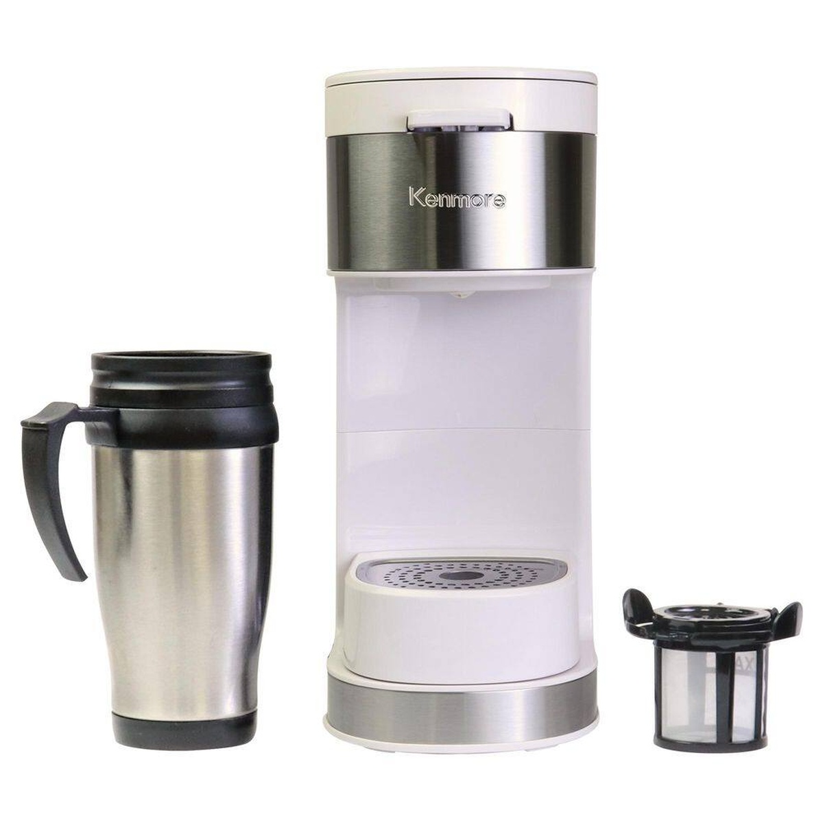 Kenmore white single-serve coffee maker with a stainless steel travel mug and a reusable filter basket